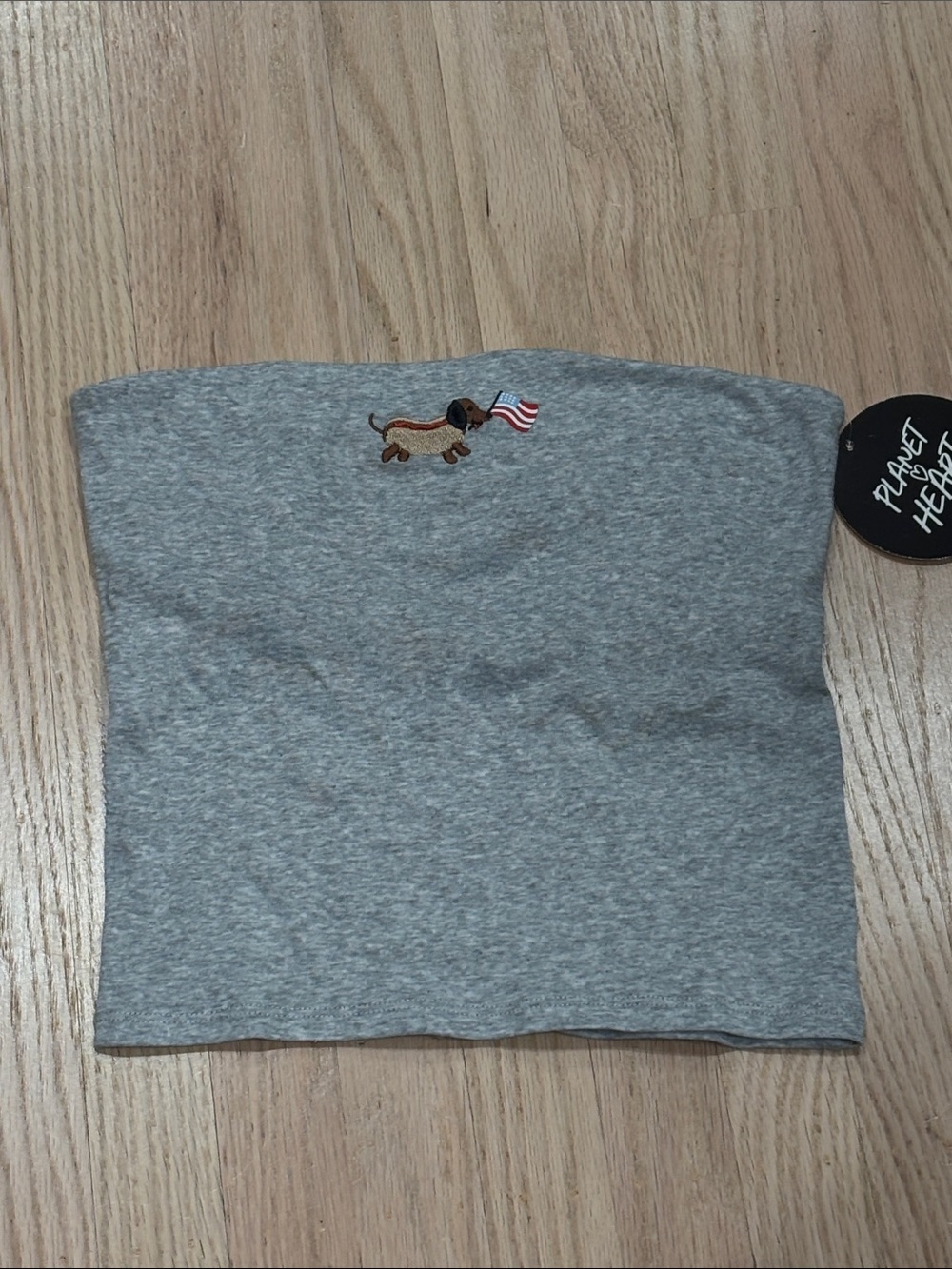NWT Planet Heart Grey Tube Top with hot dog Dachshund Flag Embroidery- S